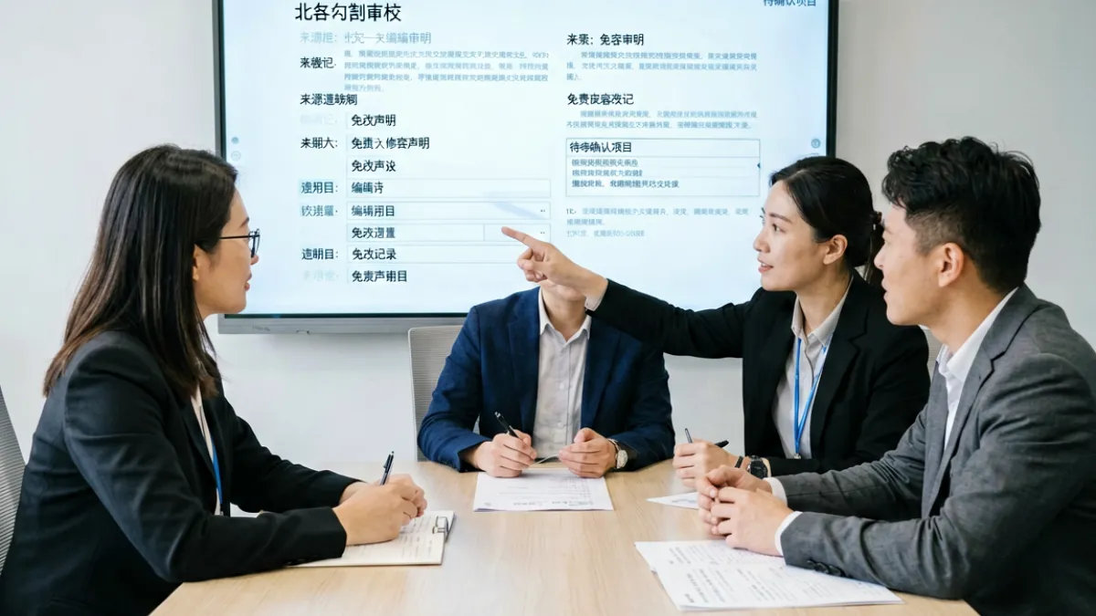 miya737麻豆团队在屏幕上对照资料字段并讨论页面免责声明的编辑会议
